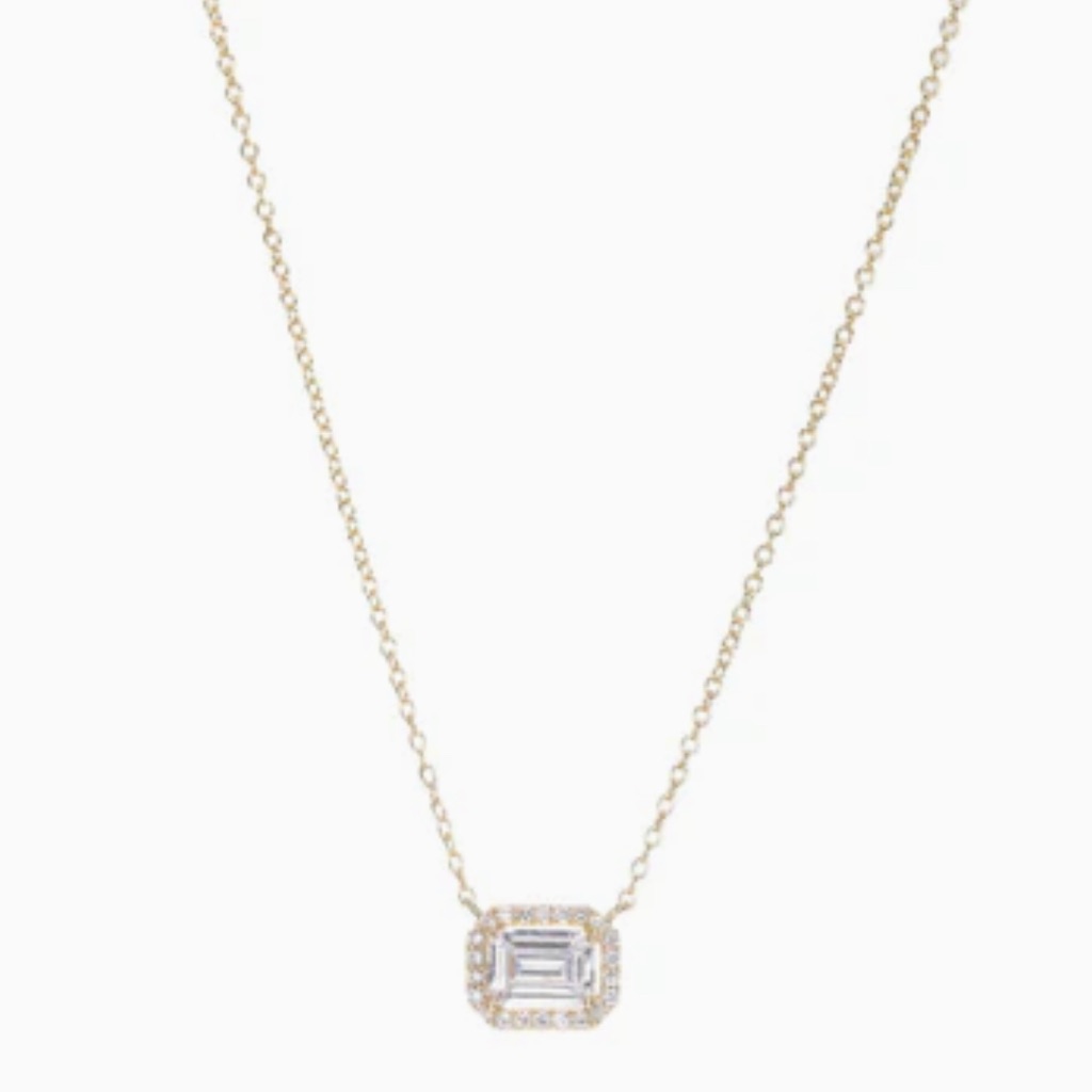 Adina Eden Solitaire Pendant Necklace 14k Gold Plated Nwt Pave Outlined Baguette